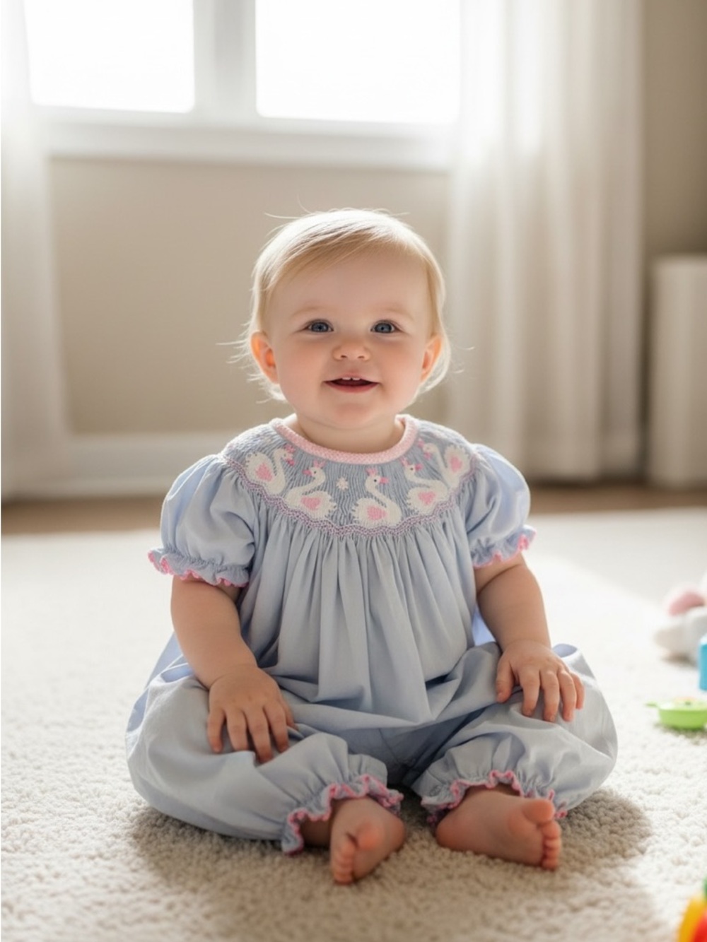 Baby Girls' Light Blue Hombre Cloud Smocked Swan Romper with Pink Trim 18M